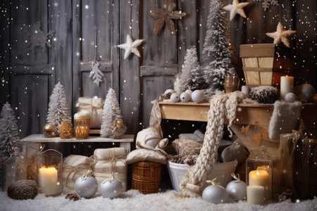 Christmas holiday in winter season decorate with gift boxes, tree and ornaments, Snowflakes background, Happy new year celebration, Special event scene with copy space.の素材