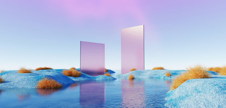 3d Render, Abstract Surreal pastel landscape background with arches and podium for showing product, panoramic view, Colorful dune scene with copy space, blue sky and cloudy, Minimalist decor designの写真素材