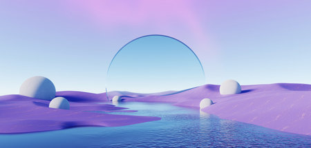 3d Render, Abstract Surreal pastel landscape background with arches and podium for showing product,...