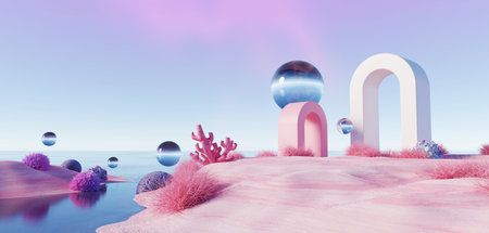 3d Render, Abstract Surreal pastel landscape background with arches and podium for showing product,...