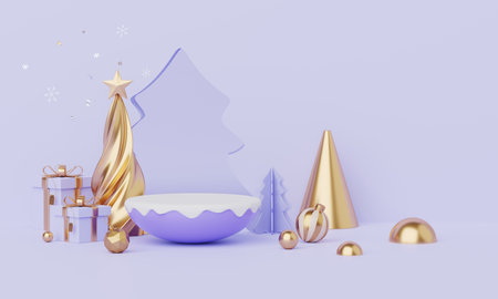Christmas backgrounds with podium stage platform in minimal New year event theme. Merry Christmas scene for product display mock up banner. Empty stand pedestal decor in Xmas winter scene. 3D render.の写真素材