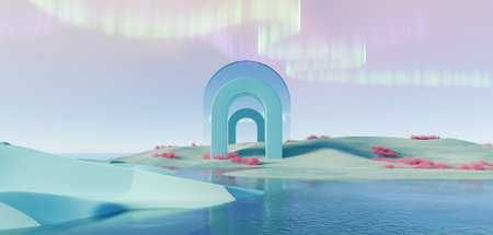 3d Render, Abstract Surreal pastel landscape background with arches and podium for showing product, panoramic view, Colorful dune scene with copy space, blue sky and cloudy, Minimalist decor designの写真素材