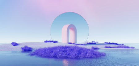 3d Render, Abstract Surreal pastel landscape background with arches and podium for showing product,...
