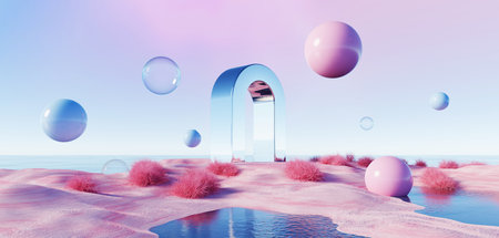 3d Render, Abstract Surreal pastel landscape background with arches and podium for showing product, panoramic view, Colorful dune scene with copy space, blue sky and cloudy, Minimalist decor designの写真素材