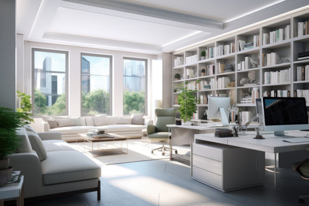 Modern home office in the living room, Convenient, comfortable, nice place to work, Remote work from home, Minimal interior decor design background.の素材