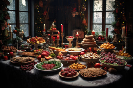 Thanksgiving Food and Dessert for party invitation, Christmas party celebration with dinner meal on table, Happy new year and Xmas scene, wooden table full of food and treats.の素材
