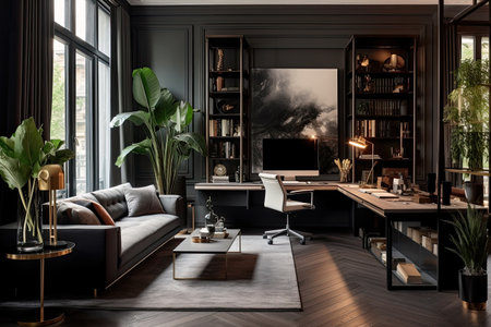 Modern home office in the living room, Convenient, comfortable, nice place to work, Remote work from home, Minimal interior decor design background.の素材