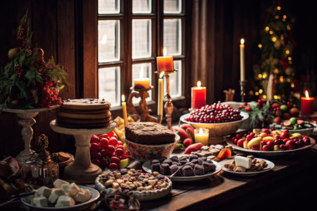 Thanksgiving Food and Dessert for party invitation, Christmas party celebration with dinner meal on table, Happy new year and Xmas scene, wooden table full of food and treats.の素材