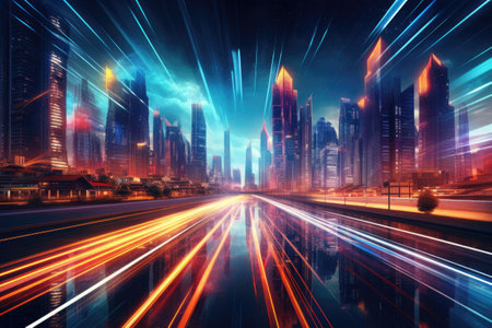 Long exposure high speed traffic light trails over a highway, Motorway and Junction in big city. High speed motion blur, light trails on motorway highway at night.の素材