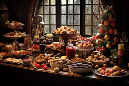 Thanksgiving Food and Dessert for party invitation, Christmas party celebration with dinner meal on table, Happy new year and Xmas scene, wooden table full of food and treats.の素材