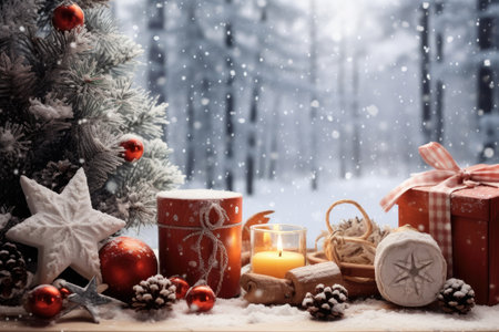 Christmas holiday in winter season decorate with gift boxes, tree and ornaments, Snowflakes background, Happy new year celebration, Special event scene with copy space.の素材
