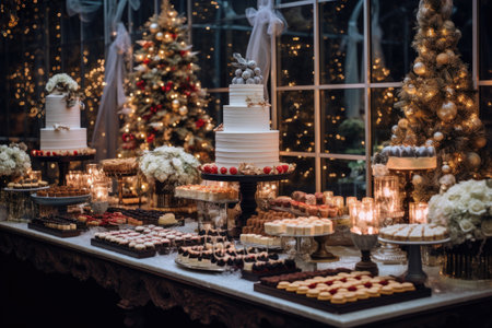 A table full of food and treats in a bright, warm and happy celebrating Christmas.の素材