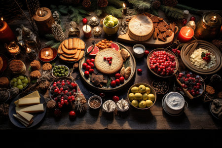 Thanksgiving Food and Dessert for party invitation, Christmas party celebration with dinner meal on table, Happy new year and Xmas scene, wooden table full of food and treats.の素材