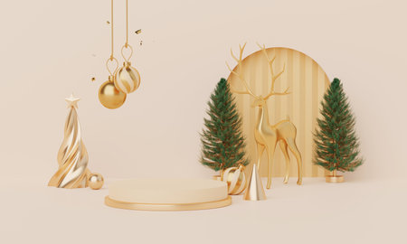 Christmas backgrounds with podium stage platform in minimal New year event theme. Merry Christmas scene for product display mock up banner. Empty stand pedestal decor in Xmas winter scene. 3D render.の写真素材