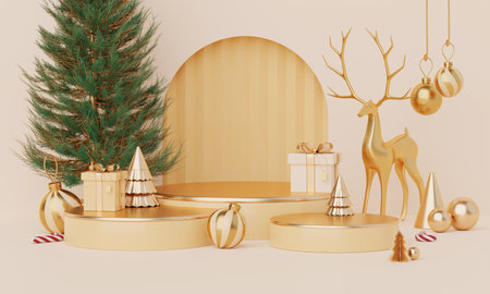 Christmas backgrounds with podium stage platform in minimal New year event theme. Merry Christmas scene for product display mock up banner. Empty stand pedestal decor in Xmas winter scene. 3D render.の写真素材