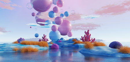 3d Render, Abstract Surreal pastel landscape background with arches and podium for showing product, panoramic view, Colorful dune scene with copy space, blue sky and cloudy, Minimalist decor designの写真素材