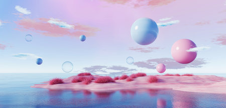 3d Render, Abstract Surreal pastel landscape background with arches and podium for showing product, panoramic view, Colorful dune scene with copy space, blue sky and cloudy, Minimalist decor designの写真素材