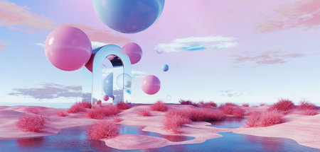 3d Render, Abstract Surreal pastel landscape background with arches and podium for showing product, panoramic view, Colorful dune scene with copy space, blue sky and cloudy, Minimalist decor designの写真素材