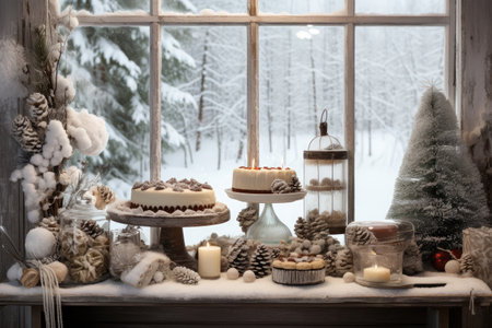 Christmas holiday in winter season decorate with gift boxes, tree and ornaments, Snowflakes background, Happy new year celebration, Special event scene with copy space.の写真素材
