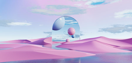 3d Render, Abstract Surreal pastel landscape background with arches and podium for showing product,...