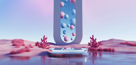 3d Render, Abstract Surreal pastel landscape background with arches and podium for showing product, panoramic view, Colorful dune scene with copy space, blue sky and cloudy, Minimalist decor designの写真素材