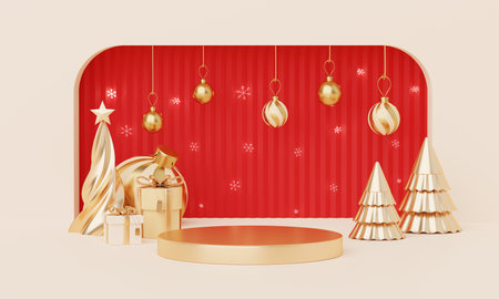 Christmas backgrounds with podium stage platform in minimal New year event theme. Merry Christmas scene for product display mock up banner. Empty stand pedestal decor in Xmas winter scene. 3D render.の写真素材