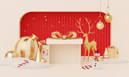 Christmas backgrounds with podium stage platform in minimal New year event theme. Merry Christmas scene for product display mock up banner. Empty stand pedestal decor in Xmas winter scene. 3D render.の写真素材