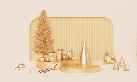 Christmas backgrounds with podium stage platform in minimal New year event theme. Merry Christmas scene for product display mock up banner. Empty stand pedestal decor in Xmas winter scene. 3D render.の写真素材
