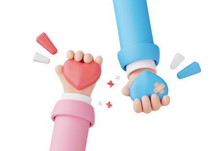 3D render, Minimal hand arm holding red heart carefully gesture isolated on background, give heart, icon element for social media and mock up, love concept.の写真素材