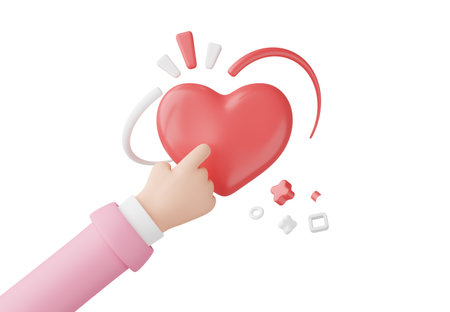 3D render, minimal cute cartoon hand pointing or press at heart button gestures isolated on background, icon element for social media and mock up, love concept.の写真素材