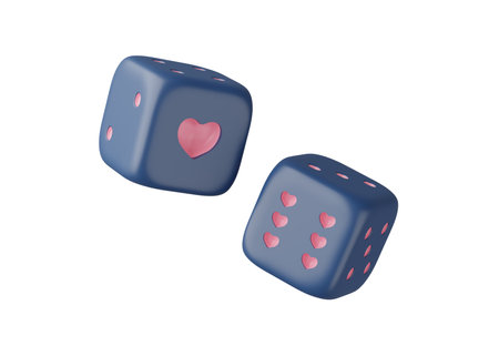 3D render, Minimal cube Dice with random pink heart and number dots  isolated on background, give heart, icon element for social media and mock up, love concept.の写真素材