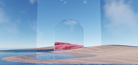 3d Render, Abstract Surreal pastel landscape background with architecture and geometric, beautiful gradient sky scene, lake with clam water, minimal concept.の写真素材
