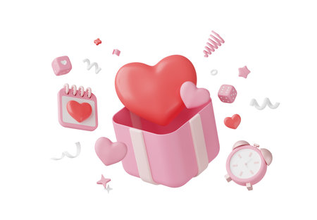 3D render, Minimal pink gift box with heart inside isolated on background, open present, giving heart, icon element for social media and mock up, love concept.の写真素材