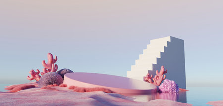 3d Render, Abstract Surreal pastel landscape background with architecture and geometric, beautiful gradient sky scene, lake with clam water, minimal concept.の写真素材