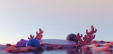 3d Render, Abstract Surreal pastel landscape background with architecture and geometric, beautiful gradient sky scene, lake with clam water, minimal concept.の写真素材
