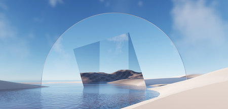 3d Render, Abstract Surreal pastel landscape background with architecture and geometric, beautiful gradient sky scene, lake with clam water, minimal concept.の写真素材