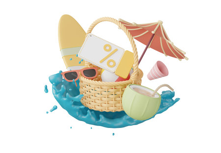 Summer elements 3d icon clipart island isolated on white background, Minimal Realistic objects for mock-up with summer theme, beach umbrella, sand, inflatable ring, vacation time to travel.の写真素材