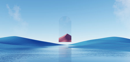 3d Render, Abstract Surreal pastel landscape background with architecture and geometric, beautiful gradient sky scene, lake with clam water, minimal concept.の写真素材