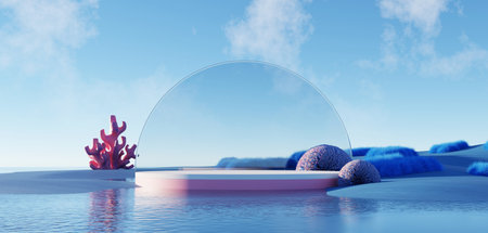 3d Render, Abstract Surreal pastel landscape background with architecture and geometric, beautiful...