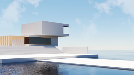 3d render, Architecture building with landscape sea and sky background, abstract futuristic architecture design, horizontal view, empty scene for mock up.の写真素材