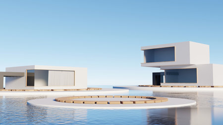 3d render, Architecture building with landscape sea and sky background, abstract futuristic architecture design, horizontal view, empty scene for mock up.の写真素材