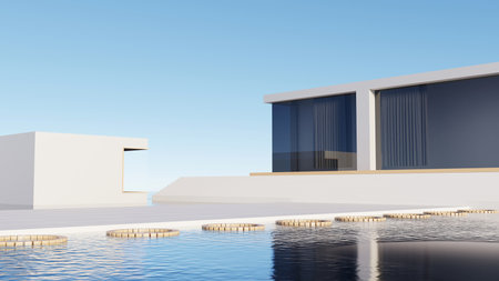 3d render, Architecture building with landscape sea and sky background, abstract futuristic architecture design, horizontal view, empty scene for mock up.の写真素材
