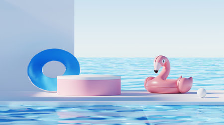3D render, minimal Summer background with empty podium or pedestal platform for showing product, cosmetic scene for mock up, beach swim elements decoration.の写真素材