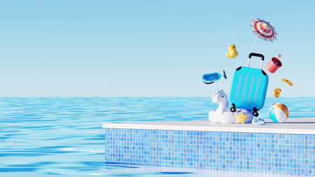 3D render, minimal Travel Summer elements in holiday with empty space background, cosmetic scene for mock up, beach swim elements decoration, Holiday vacation concept.の写真素材