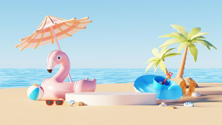 3D render, minimal Summer background with empty podium or pedestal platform for showing product, cosmetic scene for mock up, beach swim elements decoration.の写真素材