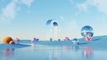 3d Render, Abstract Surreal pastel landscape background with architecture and geometric, beautiful gradient sky scene, lake with clam water, minimal concept.の写真素材