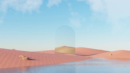 3d Render, Abstract Surreal pastel landscape background with architecture and geometric, beautiful gradient sky scene, lake with clam water, minimal concept.の写真素材