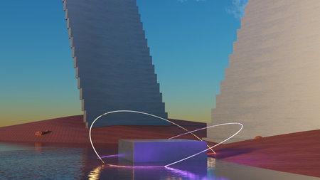 3D rendering, Futuristic landscape with tall buildings and podium with neon light.の写真素材