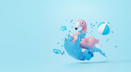 Pink inflatable flamingo and blue beach ball floating in the water. 3D rendering.の写真素材