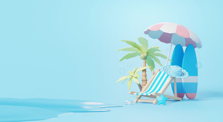 Beach scene with a blue ocean, coconut trees, and a beach chair. empty beach chair. 3D render.の写真素材